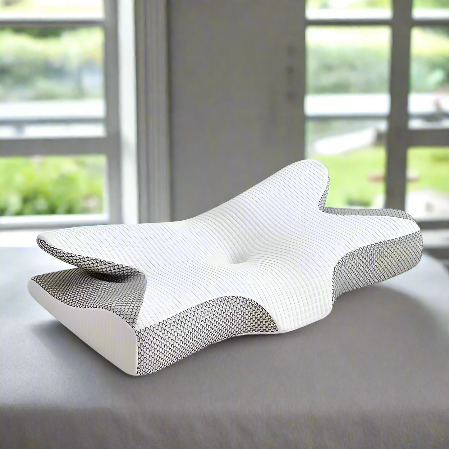 Ergonomic butterfly-shaped memory foam pillow designed for neck and head support during sleep, ideal for reducing neck and shoulder pain. Breathable, hypoallergenic, and eco-friendly materials ensure comfort and healthy sleeping posture. Perfect for side and back sleepers seeking improved spinal alignment and restful nights. Features washable cover and premium design for ultimate relaxation.