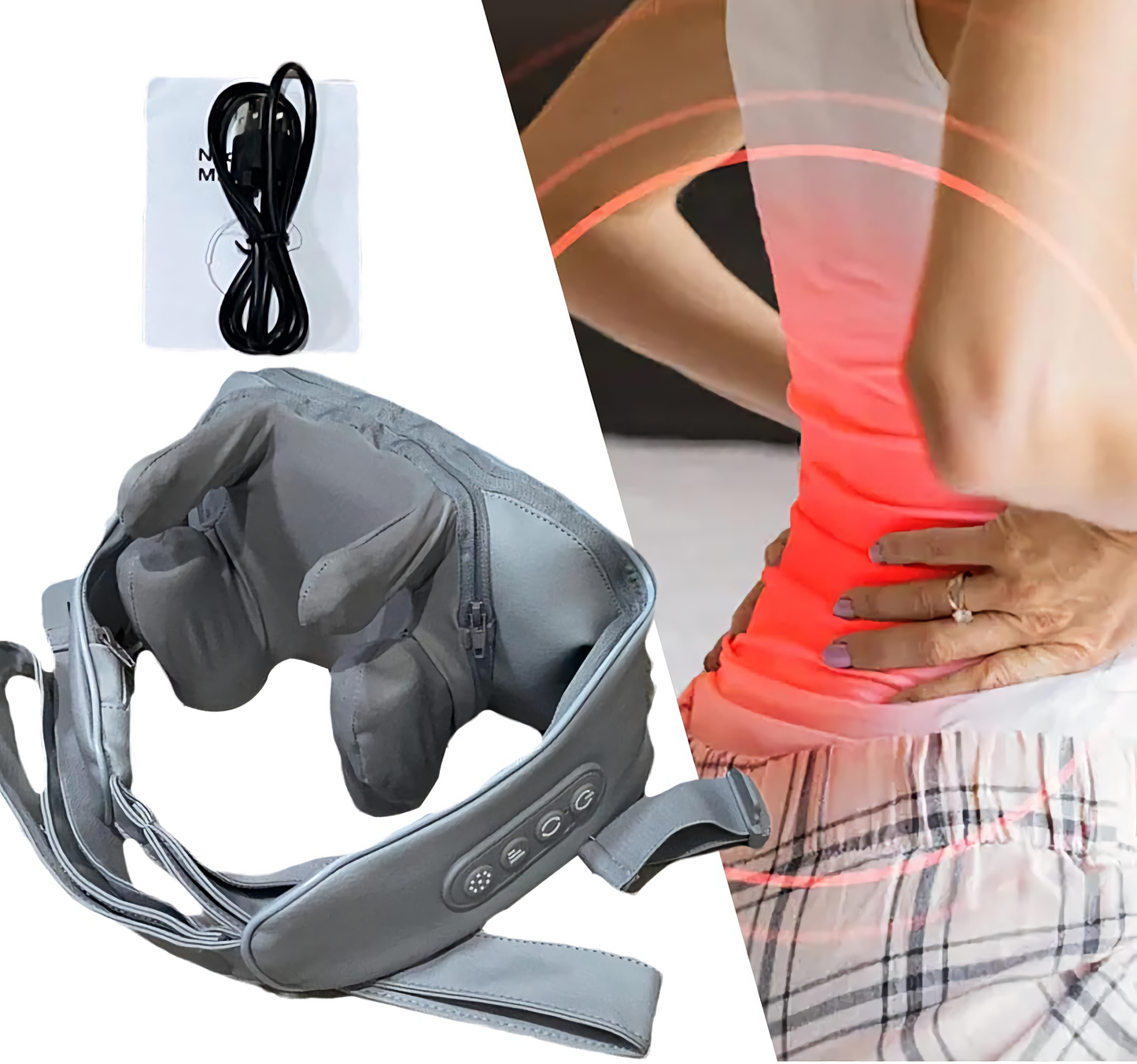 "Rechargeable neck and shoulder massager with customizable heat therapy and deep tissue massage, designed to relieve muscle tension and pain, perfect for home and office use."

