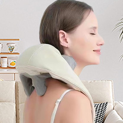 "Rechargeable neck and shoulder massager with customizable heat therapy and deep tissue massage, designed to relieve muscle tension and pain, perfect for home and office use."