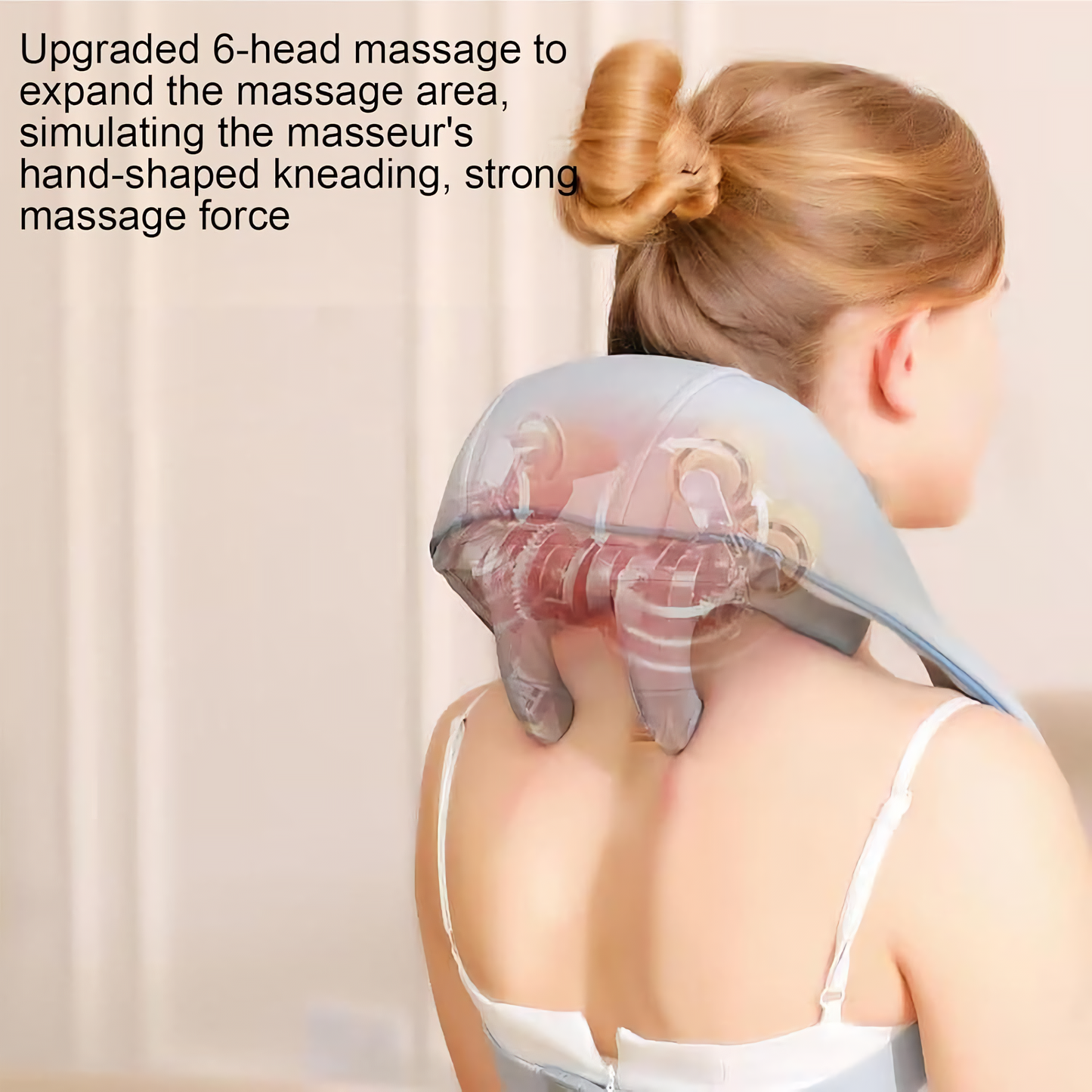 "Rechargeable neck and shoulder massager with customizable heat therapy and deep tissue massage, designed to relieve muscle tension and pain, perfect for home and office use."