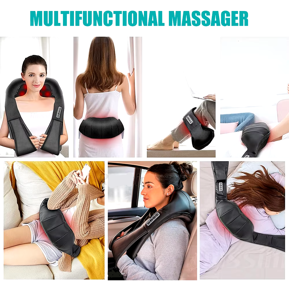 Advanced neck massager and shoulder massager with customizable speed settings, dual-direction kneading, and a relaxing heat therapy function. Ideal for back pain relief, muscle relaxation, and stress relief, this portable Shiatsu massager is designed for home, office, and travel use. Featuring an ergonomic design, auto-shutdown safety, and a durable massage pillow with a comfortable fit.