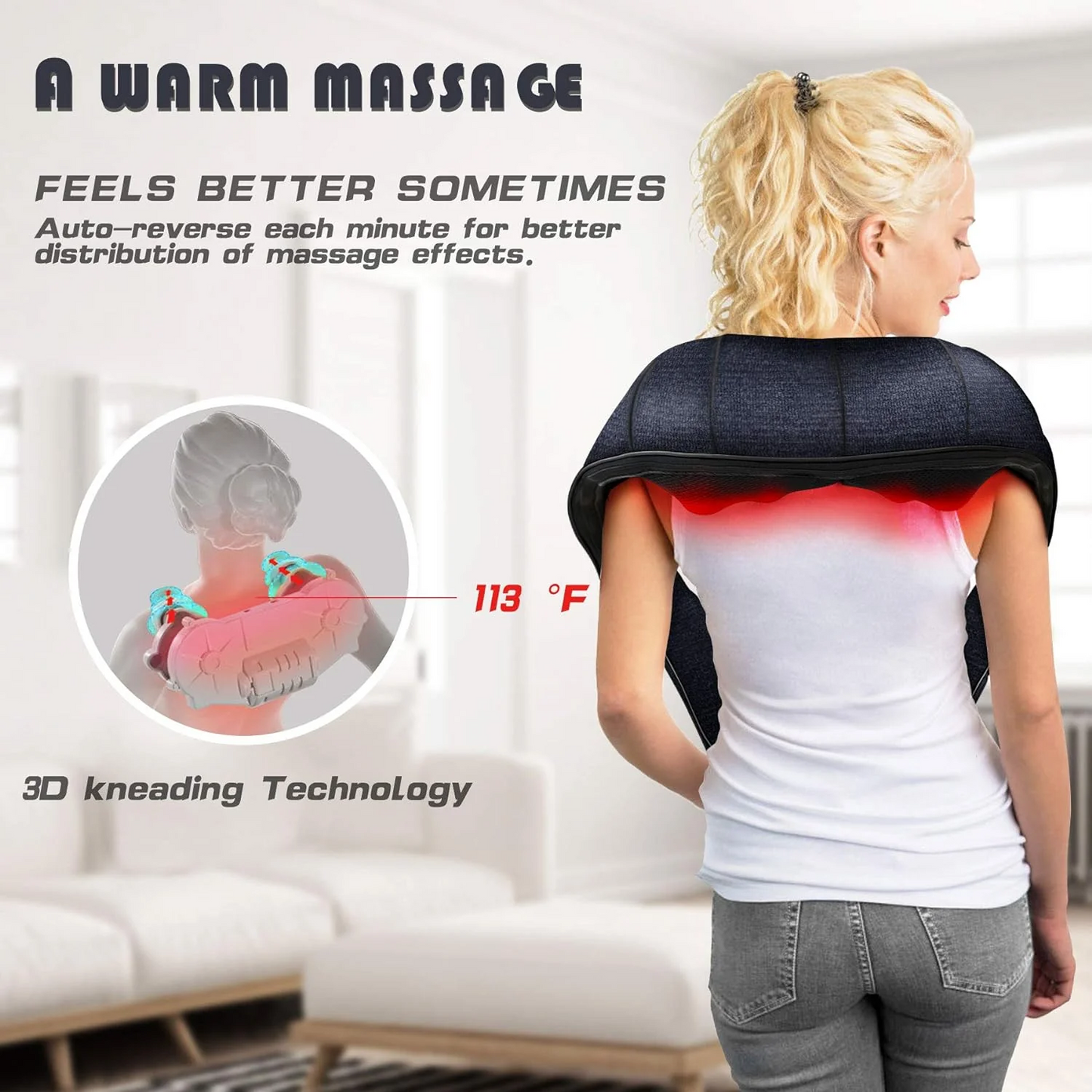 Advanced neck massager and shoulder massager with customizable speed settings, dual-direction kneading, and a relaxing heat therapy function. Ideal for back pain relief, muscle relaxation, and stress relief, this portable Shiatsu massager is designed for home, office, and travel use. Featuring an ergonomic design, auto-shutdown safety, and a durable massage pillow with a comfortable fit.