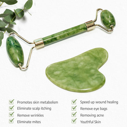 Authentic Jade Roller and Gua Sha Set, Natural Jade Stone Face Roller, Facial Puffiness Reducer, Anti-Aging Skincare Tool, Skin Elasticity Enhancer, Face Sculpting Tool, Muscle Tension Relief, Skin Circulation Booster, Premium Face Massage Roller, Gua Sha Facial Tool for Skincare, Double Chin Reducer, Natural Cooling Effect, Facial Rejuvenation, Skin Detox, Pore Refining Jade Roller, Skincare Routine Enhancer, Jade Beauty Tool, Facial Relaxation, High-Quality Jade Stone Roller, Improve Blood Flow, Youthful 