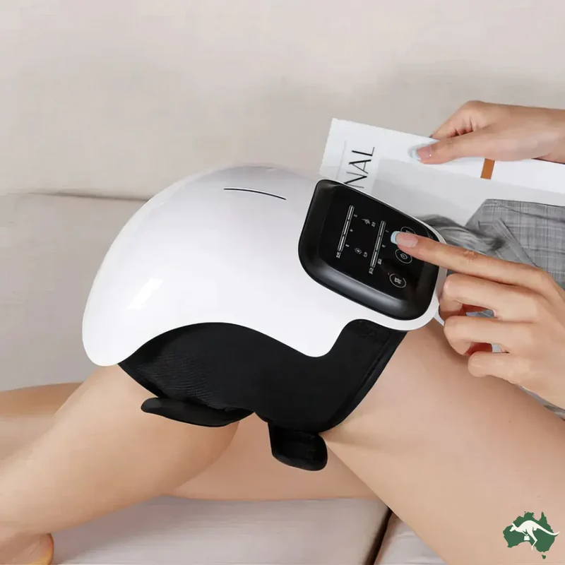 Aymor KneePulse Massager designed for knee pain relief, muscle recovery, and increased blood circulation. This ergonomic massager offers adjustable pulse settings to target knee muscles effectively, promoting faster recovery and relaxation after workouts or long days. Perfect for knee joint support, post-exercise therapy, and home muscle care