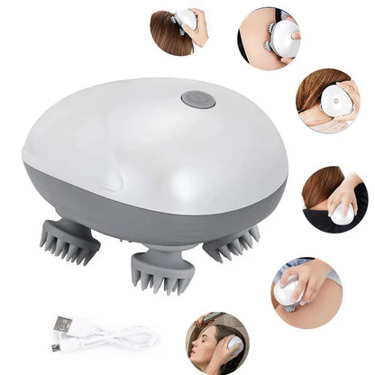 Rechargeable Aymor MiniScalp Head Massager with 360-degree rotating heads and 96 soft silicon bristles, perfect for humans and pets. Promotes blood circulation, relieves tension, stimulates hair growth, and offers hygienic, detachable heads for easy cleaning. Ideal for scalp, neck, and full-body relaxation.