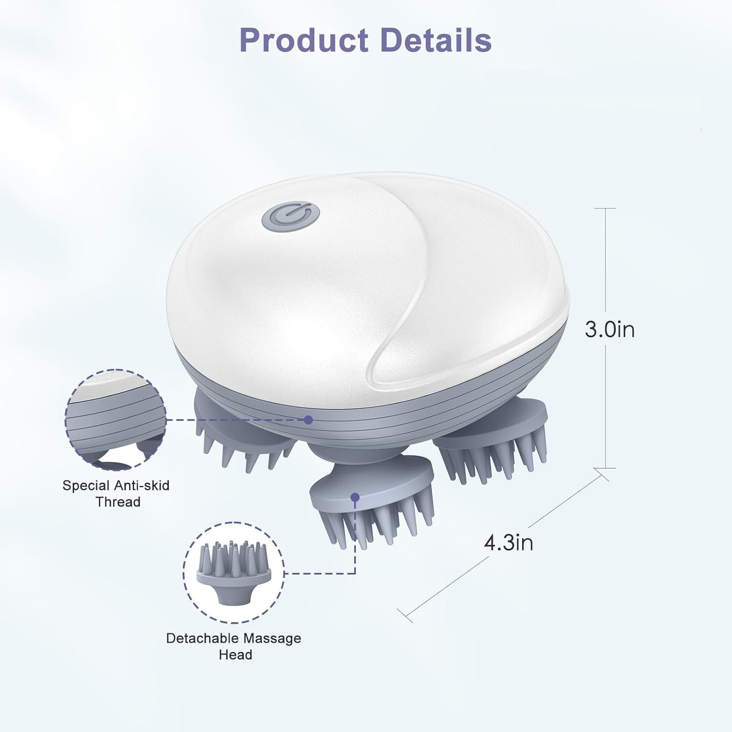 Rechargeable Aymor MiniScalp Head Massager with 360-degree rotating heads and 96 soft silicon bristles, perfect for humans and pets. Promotes blood circulation, relieves tension, stimulates hair growth, and offers hygienic, detachable heads for easy cleaning. Ideal for scalp, neck, and full-body relaxation.