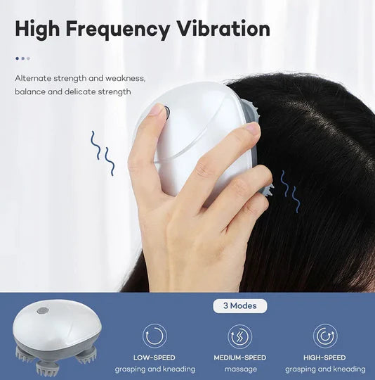 Rechargeable Aymor MiniScalp Head Massager with 360-degree rotating heads and 96 soft silicon bristles, perfect for humans and pets. Promotes blood circulation, relieves tension, stimulates hair growth, and offers hygienic, detachable heads for easy cleaning. Ideal for scalp, neck, and full-body relaxation.