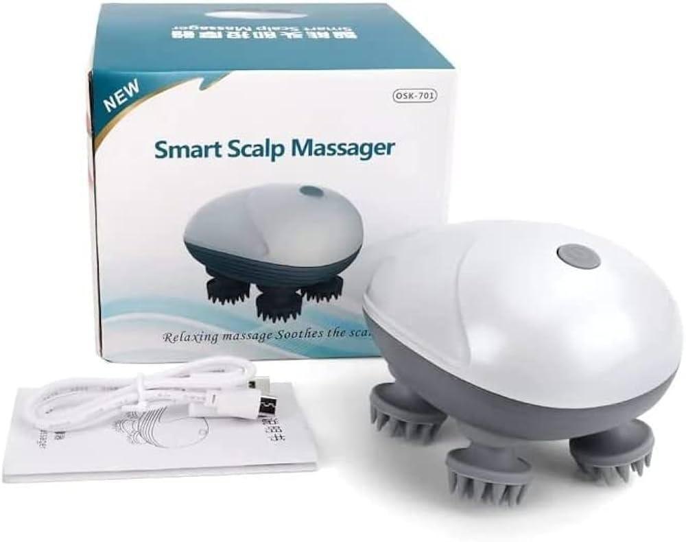 Rechargeable Aymor MiniScalp Head Massager with 360-degree rotating heads and 96 soft silicon bristles, perfect for humans and pets. Promotes blood circulation, relieves tension, stimulates hair growth, and offers hygienic, detachable heads for easy cleaning. Ideal for scalp, neck, and full-body relaxation.