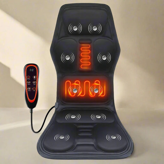 Aymor RelaxTouch Massager for neck, back, waist, and shoulders relief. Equipped with 10 powerful motors, 360° air compression, and deep kneading technology, this massager provides effective muscle pain relief, improves blood circulation, and reduces tension. Features adjustable heat therapy (40°C, 42°C, 44°C), customizable massage modes, and dual power options (home and car). Perfect for muscle relaxation, stress relief, and soothing sore muscles. Made from soft, breathable fabric with overheat protection f